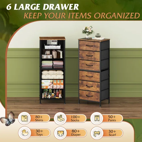 Miniatura 5 de WLIVE Cómoda alta para dormitorio, cómoda de 6 cajones y cómodas, cómoda de tela para armario, mesita de noche con marco de metal, torre