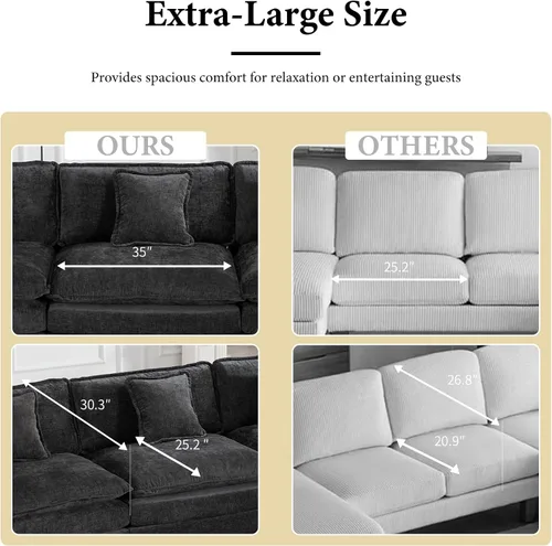 Miniatura 4 de Sofá seccional modular negro de 117.3", sofás seccionales grandes de 3 asientos para sala de estar, sofá nube oversized de tela chenille con Negro