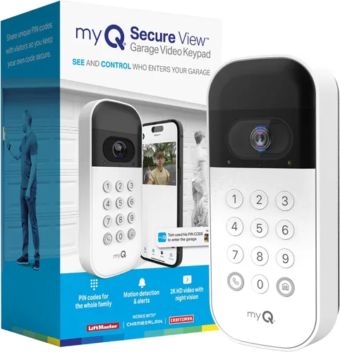 myQ - Teclado inteligente de video para puerta de garaje con cámara gran angular, códigos PIN personalizables y control de teléfono inteligente.