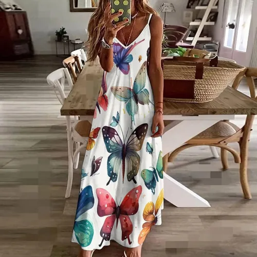 Miniatura 3 de Vestido largo de playa con estampado de mariposas coloridas para mujer, estampado floral, bohemio, vestido de playa