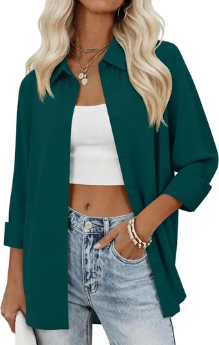 Miniatura 17 de siliteelon Camisas con botones para mujer, camisas de vestir sólidas, de manga larga, cuello fluido, para trabajo, oficina, negocios, blusas de gasa