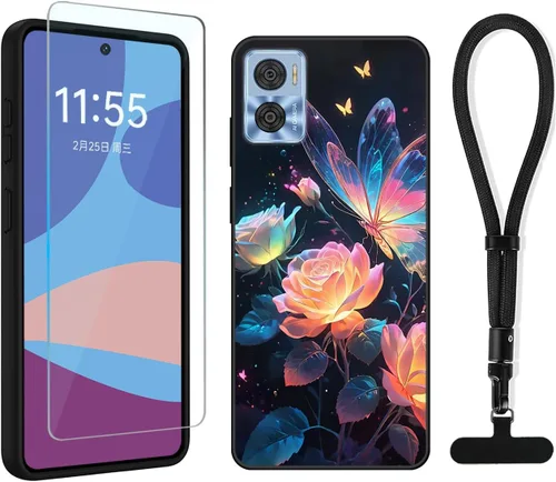 Funda compatible con Motorola Moto E22/E22i, con protector de pantalla y correa para la muñeca, a prueba de golpes, funda protectora de flores y
