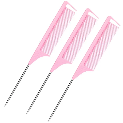 Peines de cola de rata, 3 unidades, peines de separación para trenzar el cabello, fibra de carbono, resistente al calor, antiestático, para Rosado
