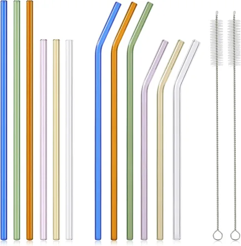 [12 piezas] Pajitas de vidrio largas reutilizables y coloridas, 11 pulgadas x 0.315 in y 0.354 x 0.315 in, resistentes a roturas, cada una incluye 3