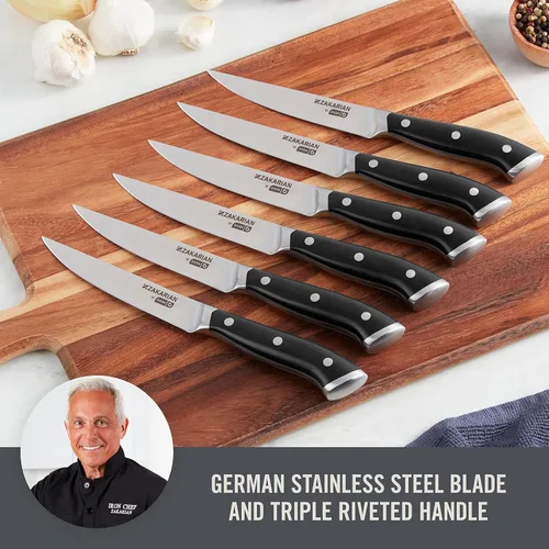 Miniatura 5 de DASH Zakarian - Juego de 6 cuchillos para carne, de borde recto sin dentar, acero inoxidable alemán de alto carbono, forjado de espiga completa
