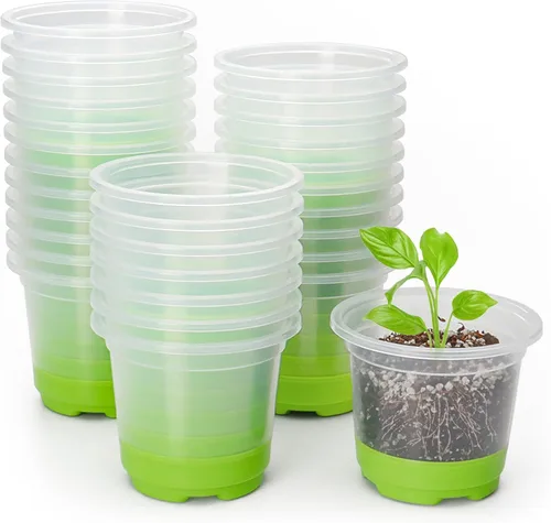 MIXC Macetas de vivero engrosadas transparentes con base de silicona para fácil trasplante, 30 paquetes de 4 pulgadas, maceta transparente Verde