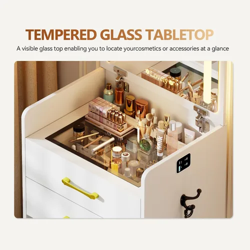 Miniatura 4 de Escritorio de tocador 3 en 1 con espejo abatible y luces, mesa de tocador de maquillaje con parte superior de vidrio con estación de carga, tocador