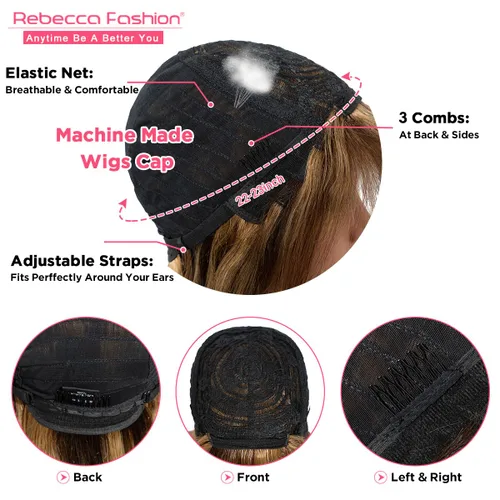 Miniatura 4 de Rebecca Fashion Pelucas lacias de 14 pulgadas con flequillo, pelucas de cabello humano para mujeres negras, sin encaje frontal, pelucas de cabello