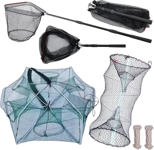 3 Pcs Foldable Fishing Net Accessories for Crab Crayfish Shrimp:Fishing Landing Net with Telescoping Pole Handle, Collapsible Crab Trap Hexagon and