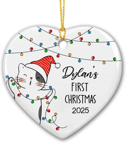 Cat's First Christmas 2023 - Adorno personalizado de gatito, adorno de Navidad de cerámica personalizado con nombre de gato para gato, mamá y papá
