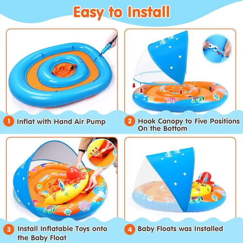 Miniatura 6 de EZIGO Baby Pool Float with Canopy UPF 50+ Sun Protection, Double Air Chambers Infants Swimming Floats with Sound Toys Adjustable Safety Seat Toddler