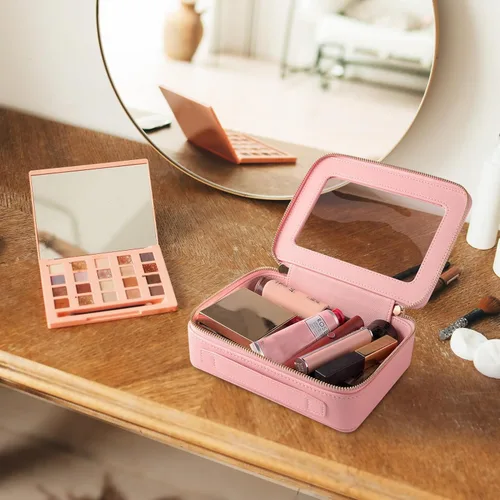 Miniatura 3 de Aveniee Organizador de bolsa de maquillaje transparente, bolsa de aseo de viaje para mujer, bolsa de cosméticos impermeable con cremalleras, Rosa
