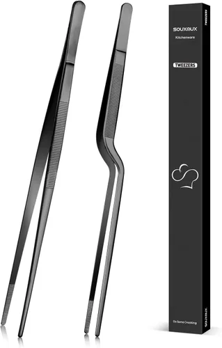 SouxMux Juego de pinzas de cocina de 12 pulgadas y pinzas compensadas, pinzas con puntas dentadas, acero inoxidable, negro, 2 piezas