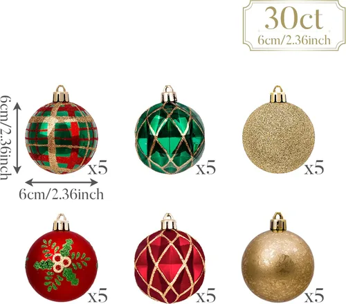Miniatura 3 de Valery Madelyn Juego de adornos de Navidad, 30 unidades, 2.36 pulgadas, rojo, verde y dorado, inastillables, decoración de árbol de Navidad, adornos