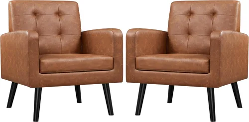 Miniatura 20 de Yaheetech Sillas de acento de mediados del siglo, silla moderna tapizada para sala de estar, sillón acogedor con respaldo abotonado y patas de Azul