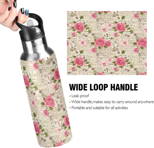 Miniatura 4 de Vintage Pink Flowers Stainless Steel Vacuum Insulated Water Bottle 32 Oz Leakproof Water Bottles, BPA-Free Sports Water Bottle with Straw