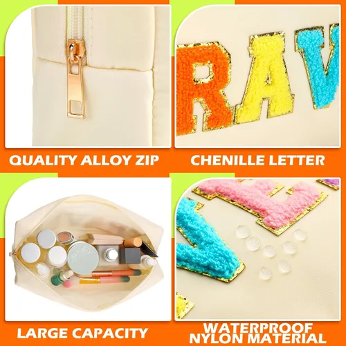 Miniatura 5 de Pinkunn 4 bolsas de maquillaje de chenilla con parche de letras de chenilla, bolsa de cosméticos para viajes de verano, playa, sol, bolsa