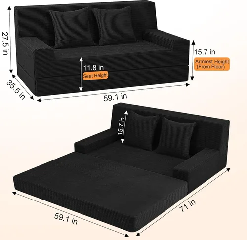 Miniatura 2 de MeMoreCool Sofá cama plegable sin huesos, sofá biplaza convertible de 59 pulgadas, sofá cama plegable de pana 2 en 1 para sala de estar pequeña