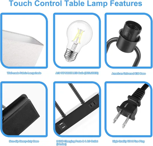 Miniatura 5 de Lámpara de mesa con control táctil y puertos de carga USB duales, 1 salida de CA, lámpara de mesita de noche moderna regulable de 3 vías con Crema
