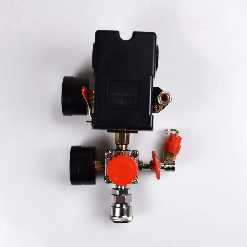 Miniatura 7 de Válvula de control del interruptor de presión del compresor de aire, 90-120 PSI con regulador y manómetro, 4 puertos 1/4" NPT con válvula