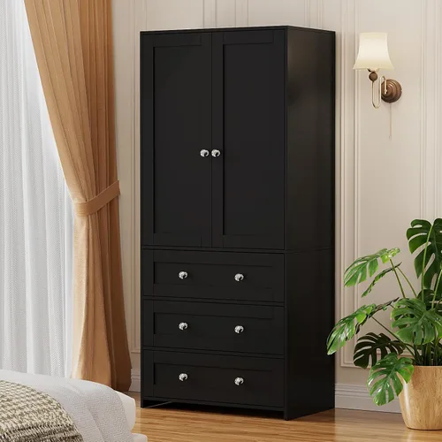 Miniatura 8 de VOWNER Armario Clóset con Cajones y Espejo, Gabinete de Almacenamiento de Ropa de 71" con Barra Colgante, Armario de Dos Puertas de Madera