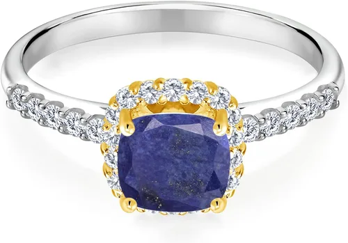 Miniatura 2 de Gem Stone King Anillo de plata de ley 925 con diseño de lapislázulis GH azul de 163 quilates con puntas de oro amarillo de 10 quilates