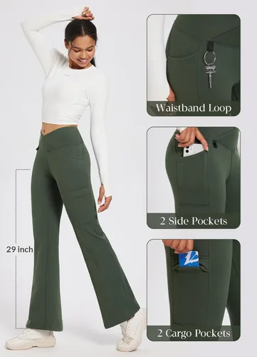 Miniatura 4 de BALEAF Pantalones con forro polar para mujer, para invierno, térmicos, resistentes al agua, cruzados, acampanados, cálidos, corte de bota