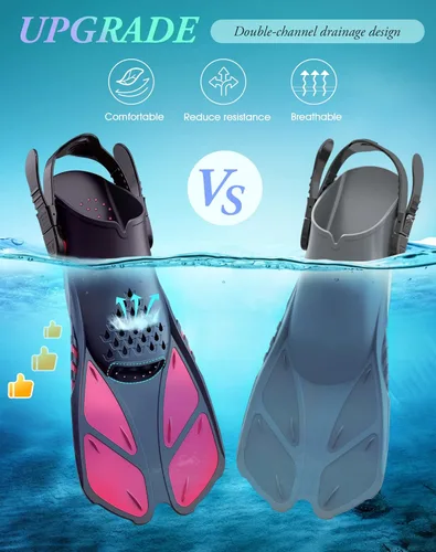 Miniatura 4 de Greatever Aletas de esnórquel con hebillas ajustables, talón abierto, aletas de natación de tamaño para viajar, cortas, para buceo, natación, Rosa