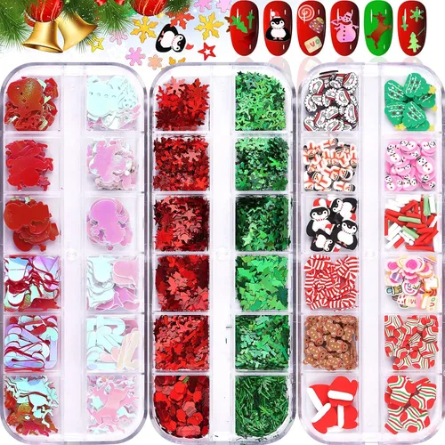 36 rejillas de lentejuelas para uñas de Navidad, EBANKU copos de nieve holográficos, muñeco de nieve, copos de nieve de Papá Noel, lentejuelas con