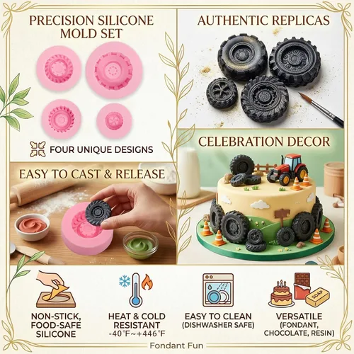 Miniatura 7 de Molde redondo 3D para fondant para neumáticos, moldes de silicona para rueda de camión, 4 piezas, para decoración de pasteles, proceso de azúcar