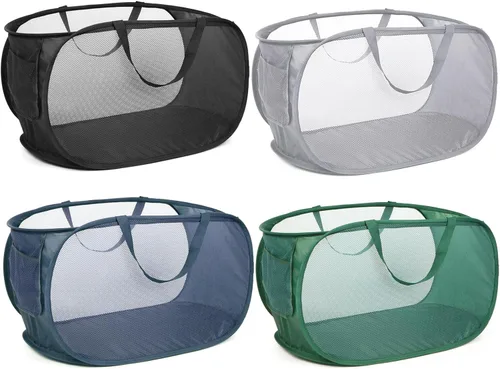 Miniatura 14 de Cesta de lavandería desplegable de malla resistente, cestas plegables con bolsillo lateral, cesta de ropa plegable con asas de transporte reforzadas