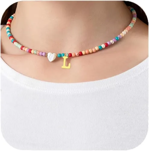 Collar de cuentas con inicial de oro colorido para mujer, hecho a mano, para niñas, de acero inoxidable con cuentas de colores, gargantilla de oro
