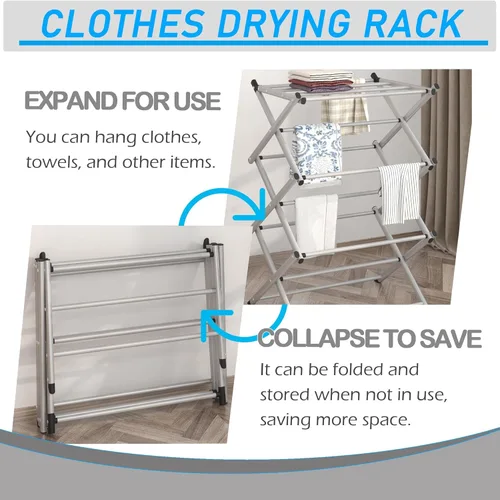 Miniatura 5 de Estante de Secado de Ropa Plegable para Interiores FKUO, para Secar y Colgar Ropa, Porta Toallas (Gris Plateado) para Almacenamiento