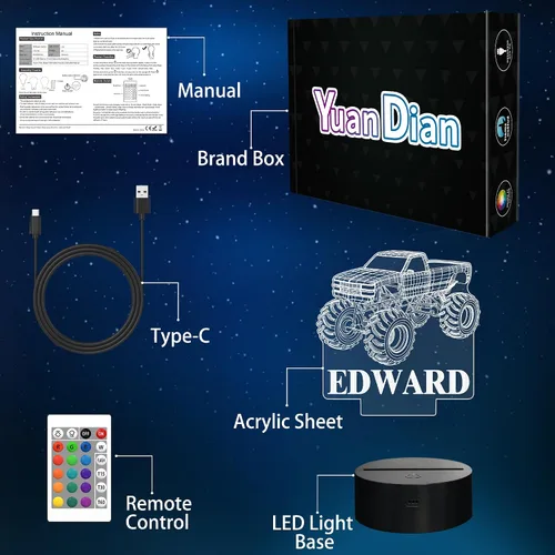 Miniatura 6 de Luces nocturnas 3D para niños, lámpara nocturna para niños, camiones monstruo para niños, 16 colores LED que cambian de iluminación, iluminación