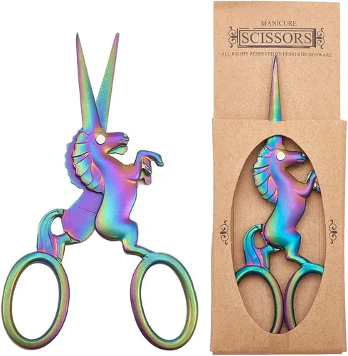 SUNNYCLUE Tijeras de costura de unicornio de 4.5 pulgadas, tijeras pequeñas de acero inoxidable, punta afilada, para dar forma a las cejas, tijeras
