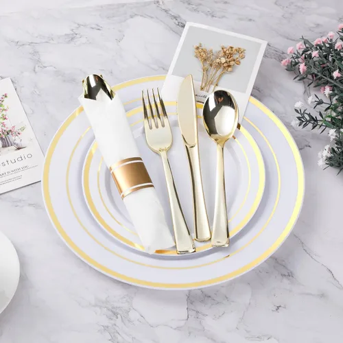 Miniatura 2 de BESTVIP Juego de vajilla de plástico dorado de 175 piezas, platos de fiesta desechables para 25 invitados, incluye: 50 platos de plástico, 25