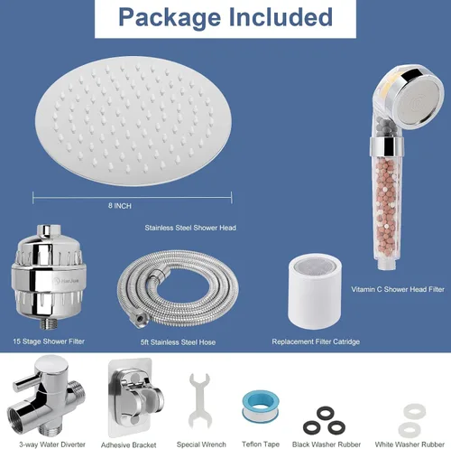 Miniatura 8 de Cabezal de ducha con filtro, alta presión de 8 pulgadas con filtro combinado para agua dura, elimina el cloro, el flúor y las sustancias nocivas - 1