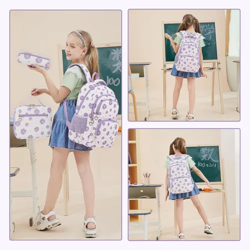 Miniatura 48 de goldwheat Mochilas impresas margaritas con paquete de almuerzo, estuche de lápices 3pcs, bolsa ligera resistente al agua para la escuela secundaria