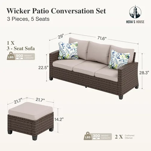 Miniatura 6 de Juego de Muebles de Patio Pequeño, Juego Seccional de Exterior de Mimbre de 3 Piezas, Juego de Sofá de Patio en Forma de L, Juego de Conversación