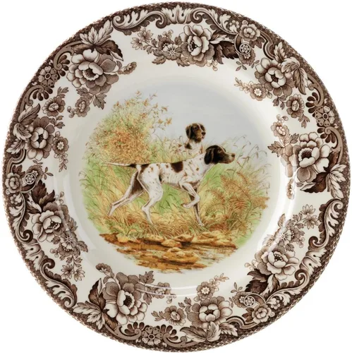 Miniatura 21 de Spode Woodland - Plato de ensalada de porcelana fina, diseño de lucioperca con borde floral marrón, vajilla clásica de campo inglés para cenas