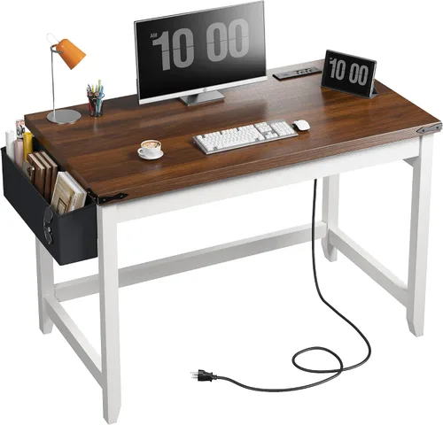 Miniatura 7 de EnHomee Escritorio rústico de 32 pulgadas, escritorio pequeño para dormitorio con toma de corriente y bolsa de almacenamiento, escritorio resistente
