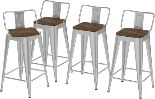 Miniatura 15 de Juego de 4 taburetes de bar giratorios de 24 pulgadas, taburetes de bar industriales con patas de metal resistentes, taburetes de bar con respaldo