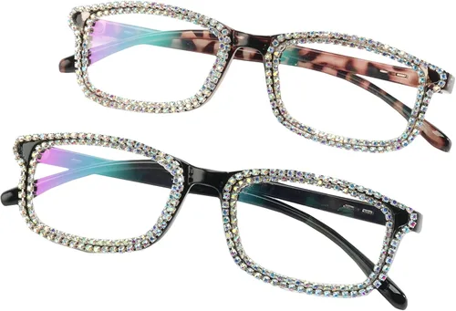 willochra 2 gafas de lectura con diamantes de imitación para mujer, cuadrados, con bloqueo de luz azul, gafas de computadora