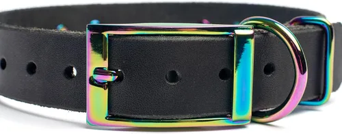 Miniatura 5 de Collar de perro de cuero con brida hecha a mano, grabado arco iris de acero inoxidable (negro)