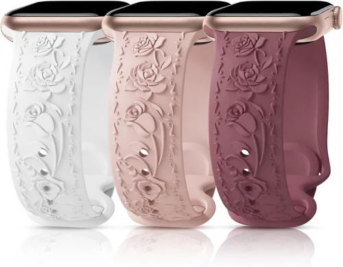 Miniatura 8 de 3 Packs Floral Engraved Bands Compatible with Apple Watch Band 40mm 41mm 38mm 42mm 44mm 45mm 49mm for Women, Silicone Cute Embossed Rose Apple Watch
