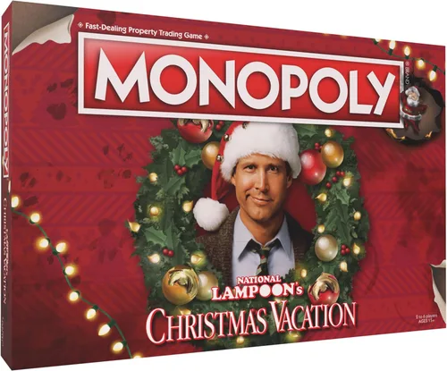 Monopoly Vacaciones de Navidad de National Lampoons, con fichas temáticas de ardilla, taza de ponche de huevo, motosierra y más, 2-6 jugadores,