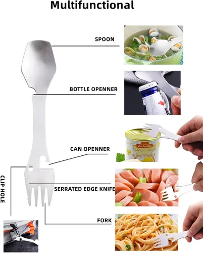 Miniatura 3 de Paquete de 2 cucharas de tenedor multifunción de acero inoxidable 5 en 1, tenedor y cuchillo, abrelatas y utensilios de campamento para picnic