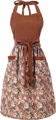 Miniatura 18 de Bonitos delantales florales para mujer con bolsillos, delantal de algodón ajustable con correa para el cuello para cocina, cocina, hornear