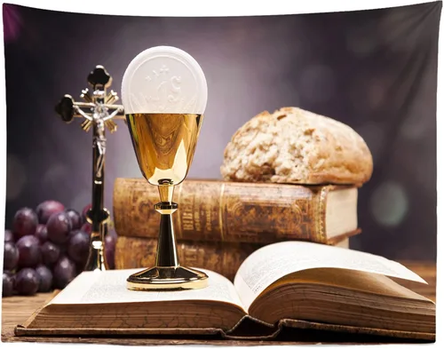 Miniatura 5 de Telón de fondo de tela de 5 x 3 pies para la primera comunión, objetos sagrados, Biblia, pan, vino, fotografía, fondo, iglesia cristiana, evento
