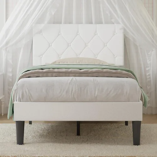 Miniatura 12 de VECELO Base de cama tamaño individual con cabecera capitoné con botones, base de cama tapizada con soporte de listones de madera, no necesita Beige